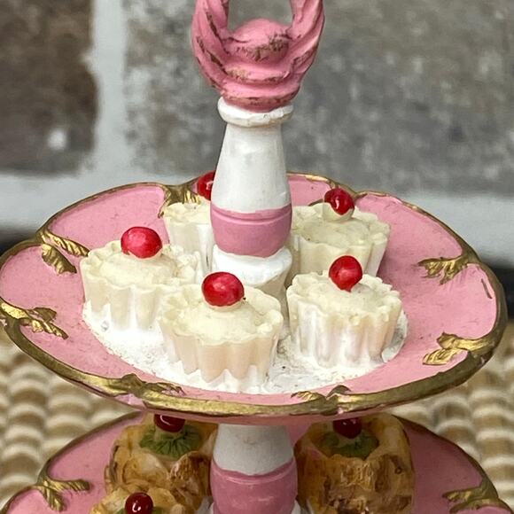 Three Tier Dessert Stand Christmas Tree Ornament Bakery, Miniature Pink & Gold - Picture 5 of 11